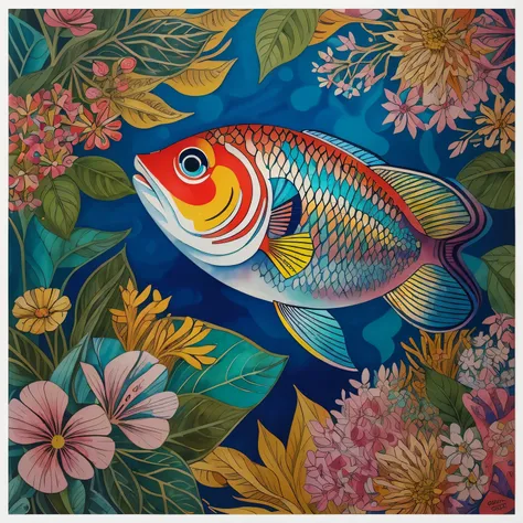 ((very good quality, realistic, excellent drawing of details)), watercolor style of guppy fish, pop art painting by Annabel Kidston, winner of the behance competition, "naive art", "maximalism", "fauvism", "pop art".