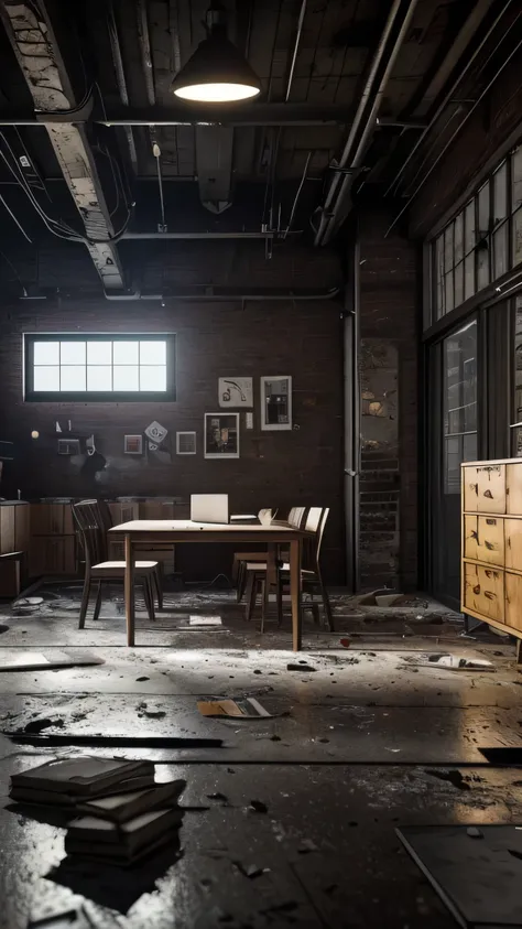 a messy office, broken table, broken computer, shattered glass, crumpled papers scattered on the floor, dim lighting, industrial aesthetic, gritty atmosphere, dark shadows, moody lighting, cyberpunk, dystopian, (best quality,4k,8k,highres,masterpiece:1.2),...