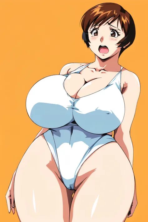 (masterpiece, Highest quality), ((simple background)), One girl,  etsukoto, ((wide hip, thick thighs, plump thighs, voluptuous thighs, enough thighs, naughty thighs)), narrow waist, hourglass waist, (large breasts, bursting breast, cleavage), short hair, h...