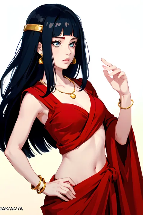 ((Hinata Hyuga (from Naruto))),A beautiful, traditional Indian saree. You can choose a specific regions style for the saree, like Kanjeevaram or Banarasi.
The saree can be a pastel color that complements Hinatas hair and eye color, or a vibrant color that ...