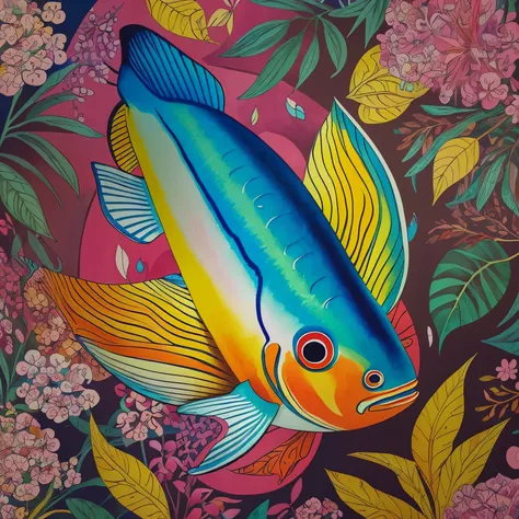 ((very good quality, realistic, excellent drawing of details)), watercolor style of guppy fish, pop art painting by annabel kids...