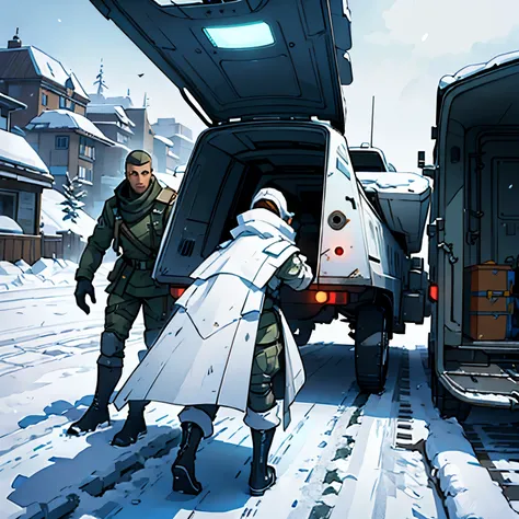 Futuristic soldiers in white, moving cargo in the middle of the snow, futuristic shelter