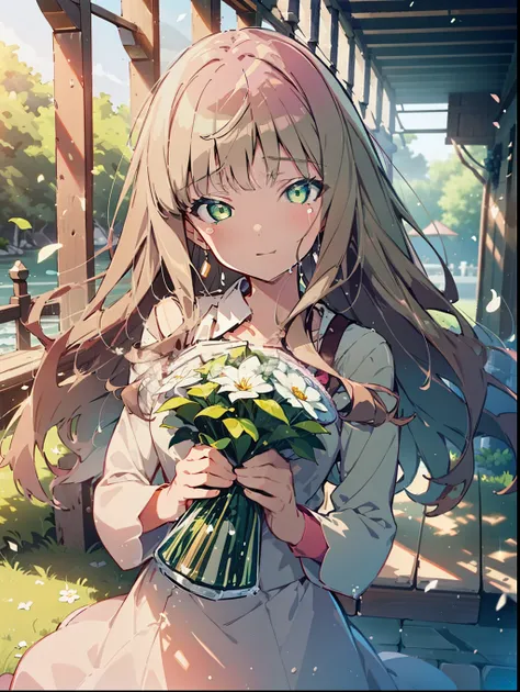 minami yume ,sss Dynazenon ,Long Hair, Brown Hair, (Green Eyes:1.5) ,smile,Wedding dress,Wedding Skirts,holding a large bouquet of flowers in both hands,Tears stream down her face,Tears of joy,I cry a lot,Stand Glass,
break outdoors, Association,Chapel,
br...