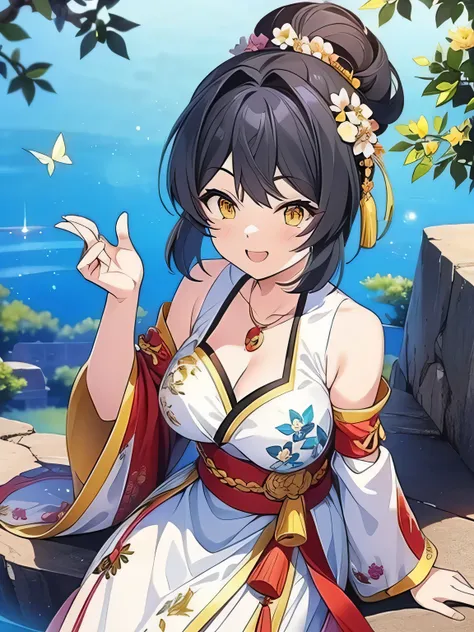 ((The best image quality、the best、1 girl、Drawing in detail))、
Black Hair、Long Hair、
Yellow Eyes、Active facial expression、Large Breasts、smile、Laugh with your mouth open、blush、Embarrassing、

Hanfu-song, Hanfu,, Chinese clothing, Colorful Dresses, Cleavage、La...