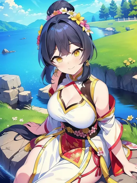 ((The best image quality、the best、1 girl、Drawing in detail))、
Black Hair、Long Hair、
Yellow Eyes、Active facial expression、Large Breasts、smile、Laugh with your mouth open、blush、Embarrassing、

Hanfu-song, Hanfu,, Chinese clothing, Colorful Dresses, Cleavage、La...