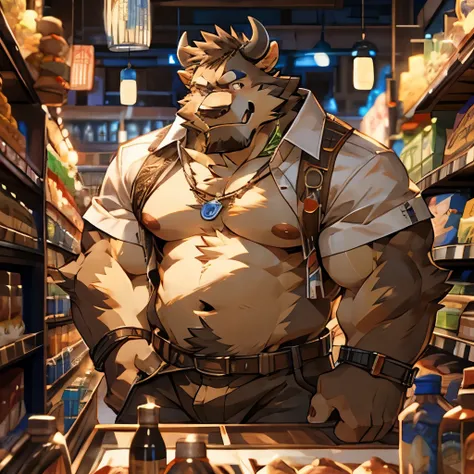 (CG 8K)Cow Orc,Brown fur,Very strong,Clean,obesity,An honest smile,good-looking,Slightly raised buttocks,Shy smile,Facing the camera,Close-up of face,Look straight ahead,Prominent nipples,White shirt,The nipple produces milk,Stand in the store,solitary,aut...