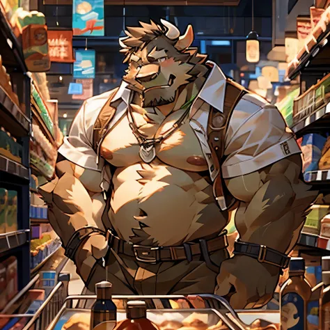 (CG 8K)Cow Orc,Brown fur,Very strong,Clean,obesity,An honest smile,good-looking,Slightly raised buttocks,Shy smile,Close-up of face,Look straight ahead,Prominent nipples,White shirt,The nipple produces milk,Stand in the store,solitary,author:Takemoto Arash...