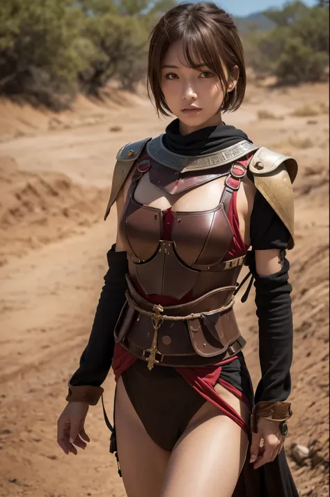 8K,荒れた大地adventure者の衣装,Traveling through the dusty wilderness,Light brown short hair,so beautifulな日本の女性, Red and black large breasted breastplate(Devil&#39;s Crest),so beautiful(Like the real thing),Red and black shoulder armor for the left shoulder(Devil&#...