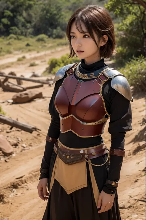 8K,荒れた大地adventure者の衣装,Traveling through the dusty wilderness,Light brown short hair,so beautifulな日本の女性, Red and black large breasted breastplate(Devil&#39;s Crest),so beautiful(Like the real thing),Red and black shoulder armor for the left shoulder(Devil&#...