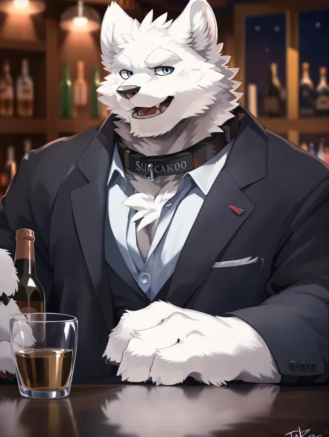 ((all white fur:1.5)), solo, perfect sky blue eyes, spike collar, (artist:takemoto arashi), mature face, elder, longeyelashes, (...