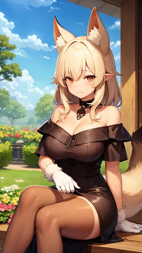 fox, (monster girl), long brown ears with darker brown inside, brown fur, tan neck fluff, brown fluffy tail with a tan tip, large brown eyes, wearing modest clothing, sitting in a flower garden, masterpiece, best quality