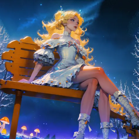 anime girl with light blonde hair，with light blue eyes，wearing an off-the-shoulder dress with puff sleeves，sitting in the woods，...