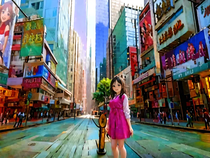 (masterpiece, best quality:1.2),, girl wear a dress, background is hong kong, ((real photo))