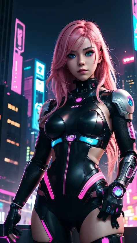 cyborg girl, robot hand, beautiful eyes, cyberpunk city background, neon light, pink hair, masterpiece, ultra high details