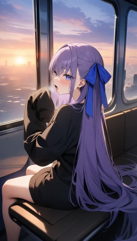 masterpiece, best quality, very aesthetic, absurdres, newest,open_mouth,fellatio_gesture,FellatioGesture,,1girl, meltryllis (fate), fate (series), long hair, purple hair, blue eyes, very long hair, breasts, sleeves past wrists, ribbon, long sleeves, hair r...