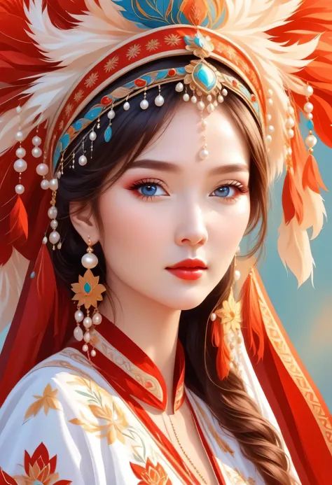 flat，Vector，careful painting，Simple lines，beautiful Kazakh girl， in national Kazakh clothes, Kazakh ornaments in clothes, Kazakh fur headdress on the head, portrait，fringed tiara，Pearl crown，red， Lotus leaf background
