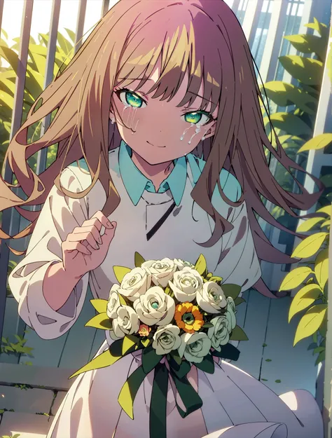 minami yume ,sss Dynazenon ,Long Hair, Brown Hair, (Green Eyes:1.5) ,smile,Wedding dress,Wedding Skirts,holding a large bouquet of flowers in both hands,Tears stream down her face,Tears of joy,I cry a lot,Stand Glass,
break outdoors, Association,Chapel,
br...