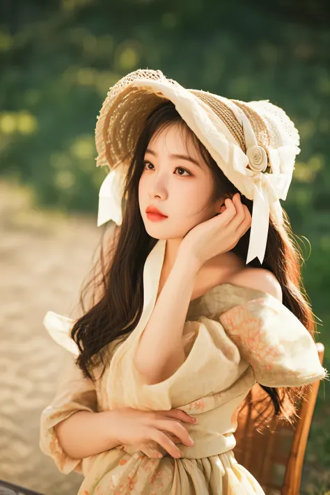 there is a woman wearing a hat and dress sitting on a chair, chinese girl, with straw hat, traditional chinese, lovely woman, soft portrait shot 8 k, wearing straw hat, with hat, inspired by Huang Ji, chinese woman, a cute young woman, palace ， a girl in h...