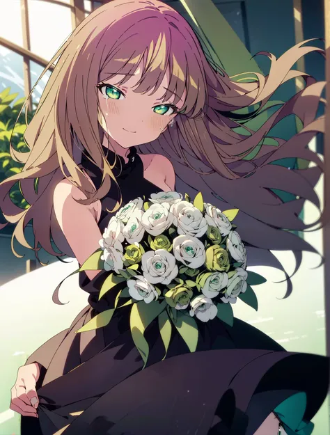 minami yume ,sss Dynazenon ,Long Hair, Brown Hair, (Green Eyes:1.5) ,smile,Wedding dress,Wedding Skirts,holding a large bouquet of flowers in both hands,Tears stream down her face,Tears of joy,I cry a lot,Stand Glass,
break outdoors, Association,Chapel,
br...