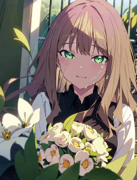 minami yume ,sss Dynazenon ,Long Hair, Brown Hair, (Green Eyes:1.5) ,smile,Wedding dress,Wedding Skirts,holding a large bouquet of flowers in both hands,Tears stream down her face,Tears of joy,I cry a lot,Stand Glass,
break outdoors, Association,Chapel,
br...