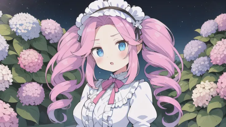 &quot;one woman&quot;、young、blue eyes、pink hair、long hair、drill-shaped twin-tail hairstyle、white lolita fashion、upper body、front...