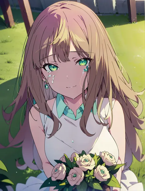 minami yume ,sss Dynazenon ,Long Hair, Brown Hair, (Green Eyes:1.5) ,smile,Wedding dress,Wedding Skirts,holding a large bouquet of flowers in both hands,Tears stream down her face,Tears of joy,I cry a lot,Stand Glass,
break outdoors, Association,Chapel,
br...