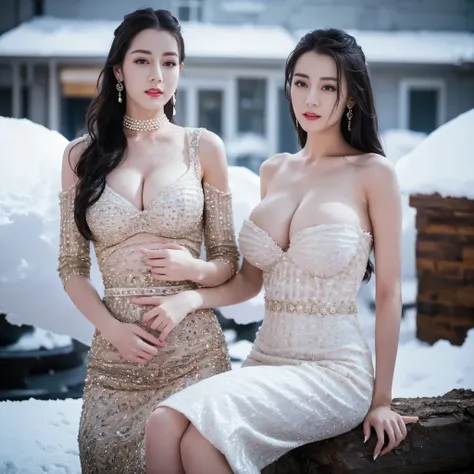 Top quality、8k、​(Masterpiece:1.3)、Extremely delicate and beautiful girl，full-body shot，(huge breasts:1.4)，bigger breasts，amazing breast size，G cup。Wear big earrings，Very white skin，moist red lips，Waist is very thin，Thighs are very thin，big butt，fair and sm...