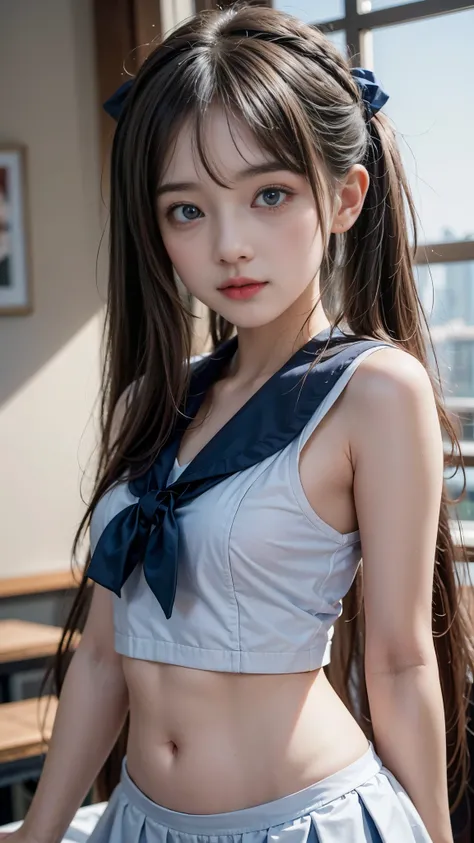 School classroom, (((Comforting the opposite sex))), ((Cute Sailor Top)), (Cute school girl, Baby Face), Slender body line, (Narrow waist), Small and slender figure, (Beautiful breasts:1.3, Fascinating Cleavage), healthy beautiful skin, (Highest quality, 8...