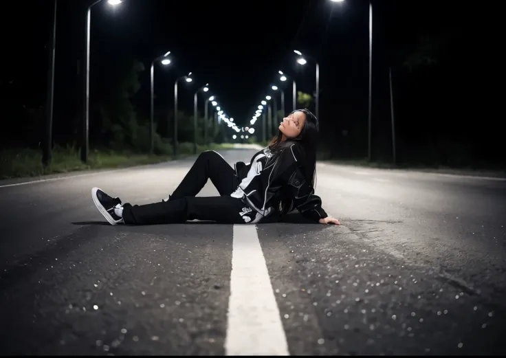 girl in black and white sneakers, black trousers, White T-shirt