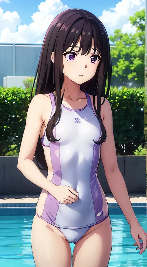 (masterpiece、Highest quality、In 8K、High resolution:1.2)、alone、One Girl、  Takina Inoue、Feeling embarrassed、blush、Purple Eyes、Look at the viewers、whole body、Transparent competitive swimsuit、Transparent racing swimsuit、Glossy body、Wet body、Daytime、Poolside、Lo...