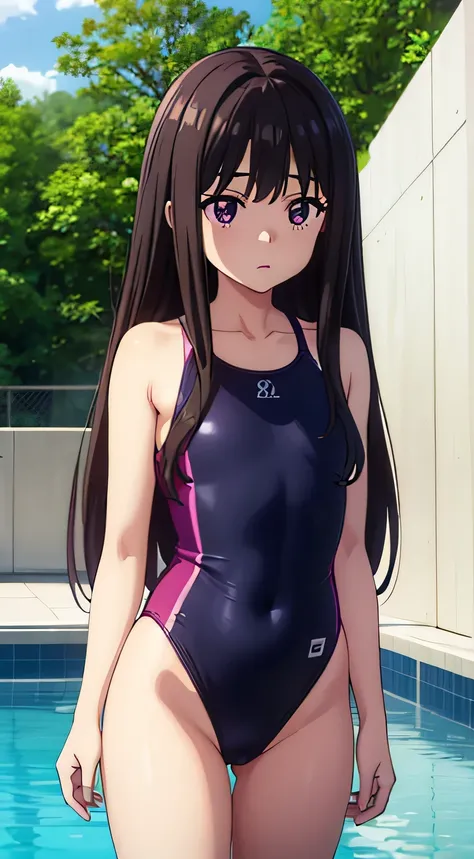 (masterpiece、Highest quality、In 8K、High resolution:1.2)、alone、One Girl、  Takina Inoue、Feeling embarrassed、blush、Purple Eyes、Look at the viewers、whole body、Transparent competitive swimsuit、Transparent racing swimsuit、Glossy body、Wet body、Daytime、Poolside、Lo...