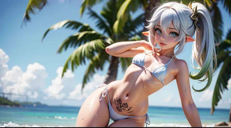 (masterpiece, best quality:1.2), intricate details, (nahida), 1 girl, (white bikini:1.2), simple bikini, hair ornament, ponytail, (black_tattoo:1.2), (white hair, lolita), (small breasts:1.2) , (wide hips, sexy:1.2) , (beach_background:1.3), (outdoor), (pr...