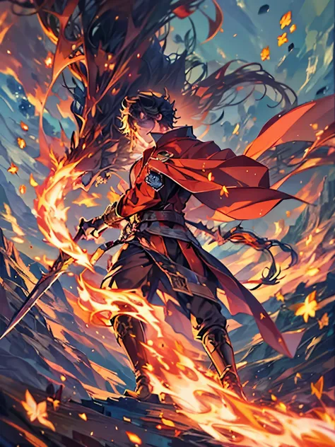 (one boy,alone),whole body, slope_background, ((combustion,fire breathing, explosion,burning tail)), torn clothes,cape,horn,hold...