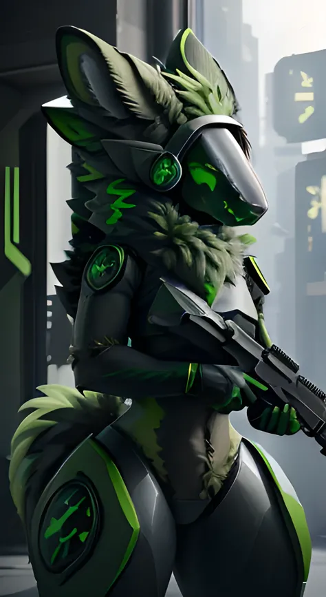 protogen with wide hips, army green hair, and neon green highlights. green eyes, and grey fur tufts, holding futuristic gun in both hands. green symbols.