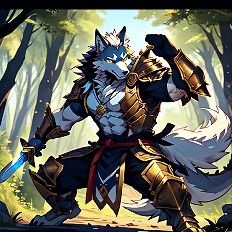 injuried、、and、sad eyes、wound、armor、sword、hairy、masterpiece、anthropomorphic white wolf，dragon-like golden eyes，pure white hair，ta...