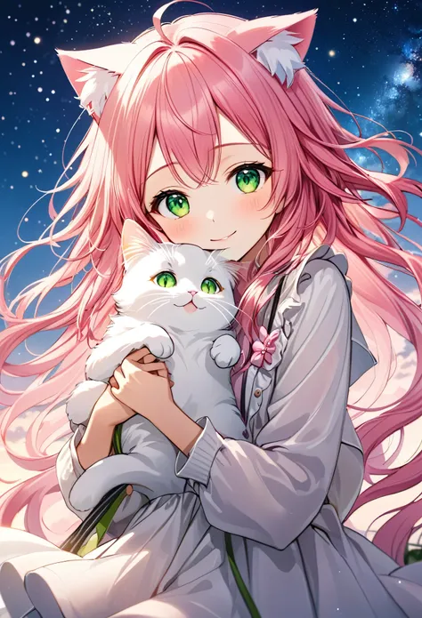 a beautiful anime girl with long, flowing pink hair and cat ears, dressed in a light, delicate outfit with pink ribbons. she has...