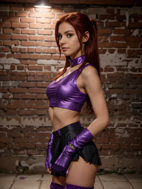 8k, RAW photo, best quality, ultra high resolution, photorealistic, realistic photo of skinny starfire, (skinny starfire from teen titans), (slim face, red hair), in the dungeon, brick walls, chains, bright light, (full body picture), (photo from the side)...