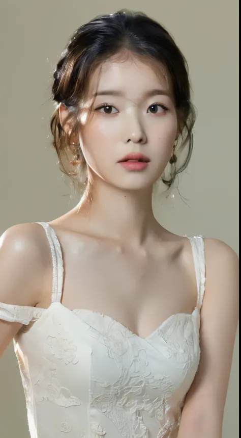 ((top-quality、8K、​masterpiece:1.3)) realskin、Beautuful Women, look at viewr, Curly style、Flower Holter Dress, White wall design, (Rim Light)Similar to DJ soDA、A detailed eye、Detailed mouth、Oblique look down