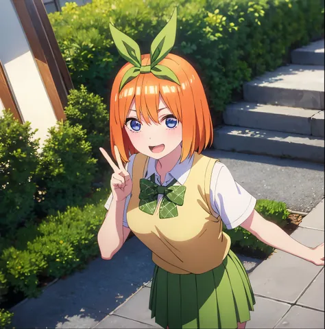 1girl,alone,yotsuba nakano,masterpiece,detailed,looking at viewer,best quality,high resolution,short hair,orange hair,headband,green ribbon,headband,green bow,collared shirt,vest,yellow sweater, short sleeves, green skirt, green pleated skirt, short skirt,...