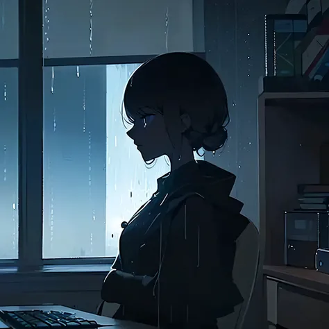 Dark indoors,Woman Without a Face,sitting in front of a computer,Artistic,Rain outside the window,1 person,length