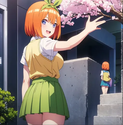 1girl,alone,yotsuba nakano,masterpiece,detailed,looking at viewer,best quality,high resolution,good lighting,Dynamic posture,curvy body,short hair,orange hair,hairband,green ribbon,headband,green bow, collared shirt, vest, yellow sweater, short sleeves, gr...