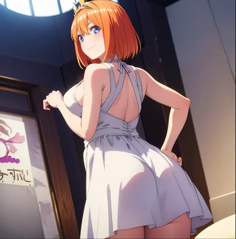 1girl, alone, yotsuba nakano, masterpiece, detailed, cowboy photo, looking at viewer, best quality, high resolution, good lighting, dynamic posture, curvy body, short hair, orange hair, wedding dress, head crown, bare shoulders, neckline, white dress, slee...