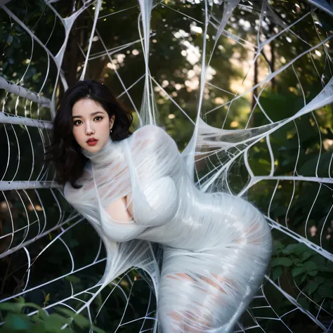 (best quality,4k,8k,highres,masterpiece:1.2),ultra-detailed,realistic,one woman,fully cocooned body,wild curly hair,dark makeup,bright red lips,tight web bondage,black silk cocoon,struggling woman, entangled,desperate expression,
shadows,low key lighting,s...