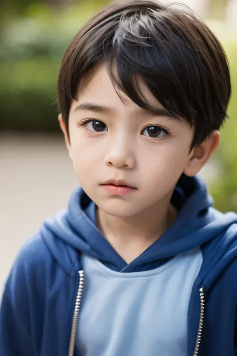 An arafed little boy in a blue hoodie looking at the camera, at the garden, little boy with neutral face, detailed portrait shot, portrait of 10 years old boy, portrait of 10 - year - old boy, half body portrait, close - up portrait shot, enes dirig, reali...