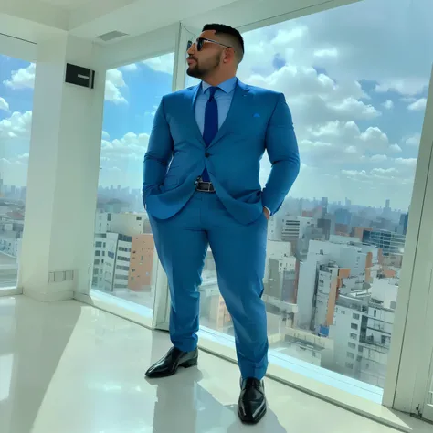 arafed man in a blue suit standing in front of a window, blue suit, in his suit, inspired by Antônio Parreiras, wearing a light blue suit, high quality suit, wearing suits!, in a suit, blue suit-petróleo, vestindo um terno, vestindo um ternos, wearing busi...