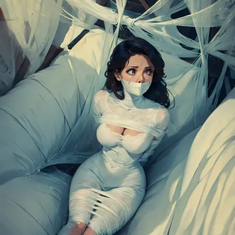 a woman in a tight web bondage, cocooned, struggle in the web,tape gag