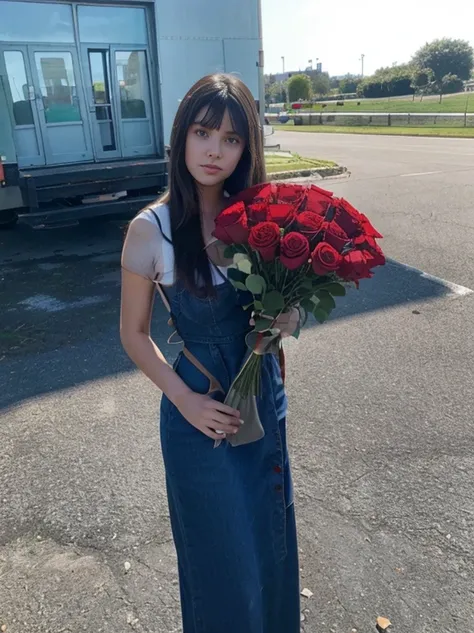 A girl with long dark hair and bangs with a large bouquet of red roses, realistic photo