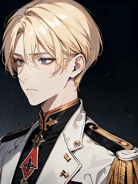 A German general, blonde with straight, medium-length hair, black military clothing, cut scar on his mouth, cheek and neck, manhwa style