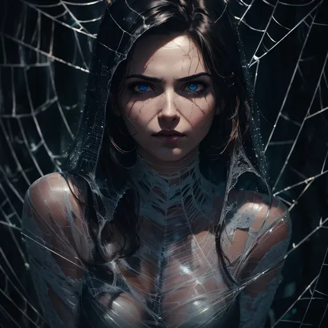 a woman trapped in a perfect spiders web, struggling to break free, detailed face, beautiful detailed eyes, incredibly detailed skin, intricate webbing, dramatic lighting, cinematic composition, dark mood, moody colors, chiaroscuro, digital painting, hyper...