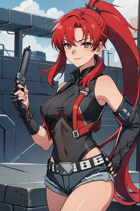 1girl, cute, sexy, red hair, cowboy shot, solo, revy, evil smile, holding gun, handgun, pistol, ponytail, tank top, fingerless g...